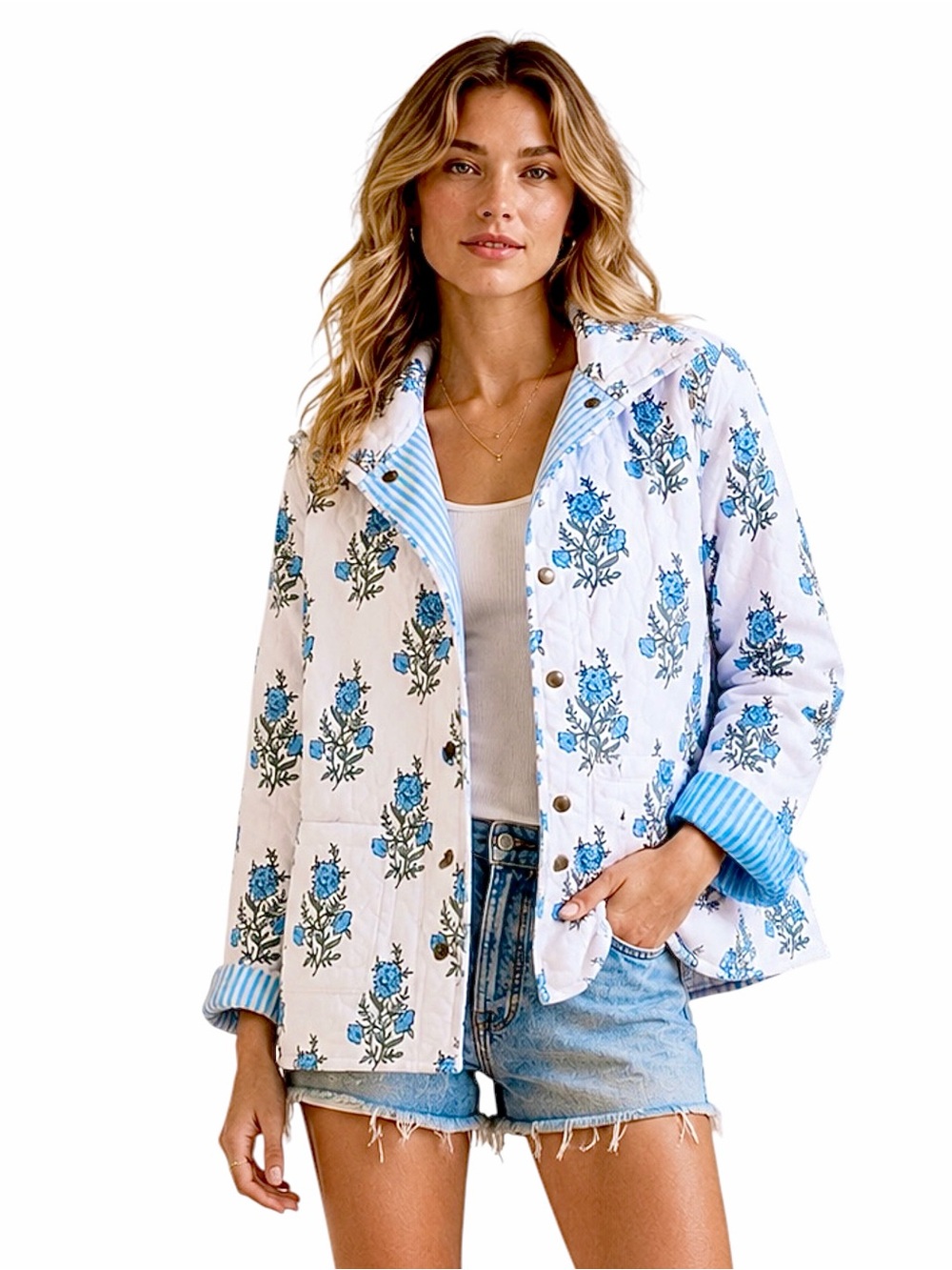 NWT – Ida Mae – Quilted Jacket – Claire Floral Blue – Blue Cotton Jacket – Sz. S
